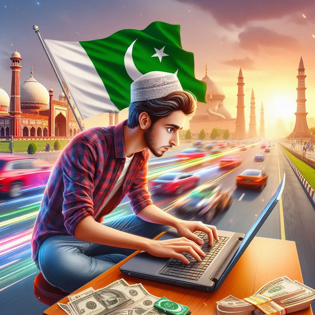 A person using a laptop for online earning in Pakistan with a blurred cityscape, a mosque, and the flag of Pakistan in the background.