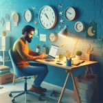 A person freelancing in Pakistan on a laptop at a desk with various items including pencils, notebooks, and a lamp, with multiple clocks on the blue wall behind.