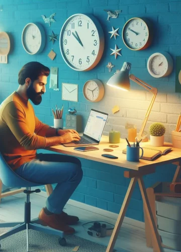 A person freelancing in Pakistan on a laptop at a desk with various items including pencils, notebooks, and a lamp, with multiple clocks on the blue wall behind.