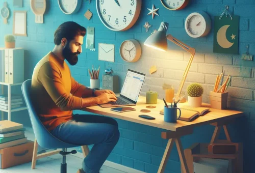 A person freelancing in Pakistan on a laptop at a desk with various items including pencils, notebooks, and a lamp, with multiple clocks on the blue wall behind.