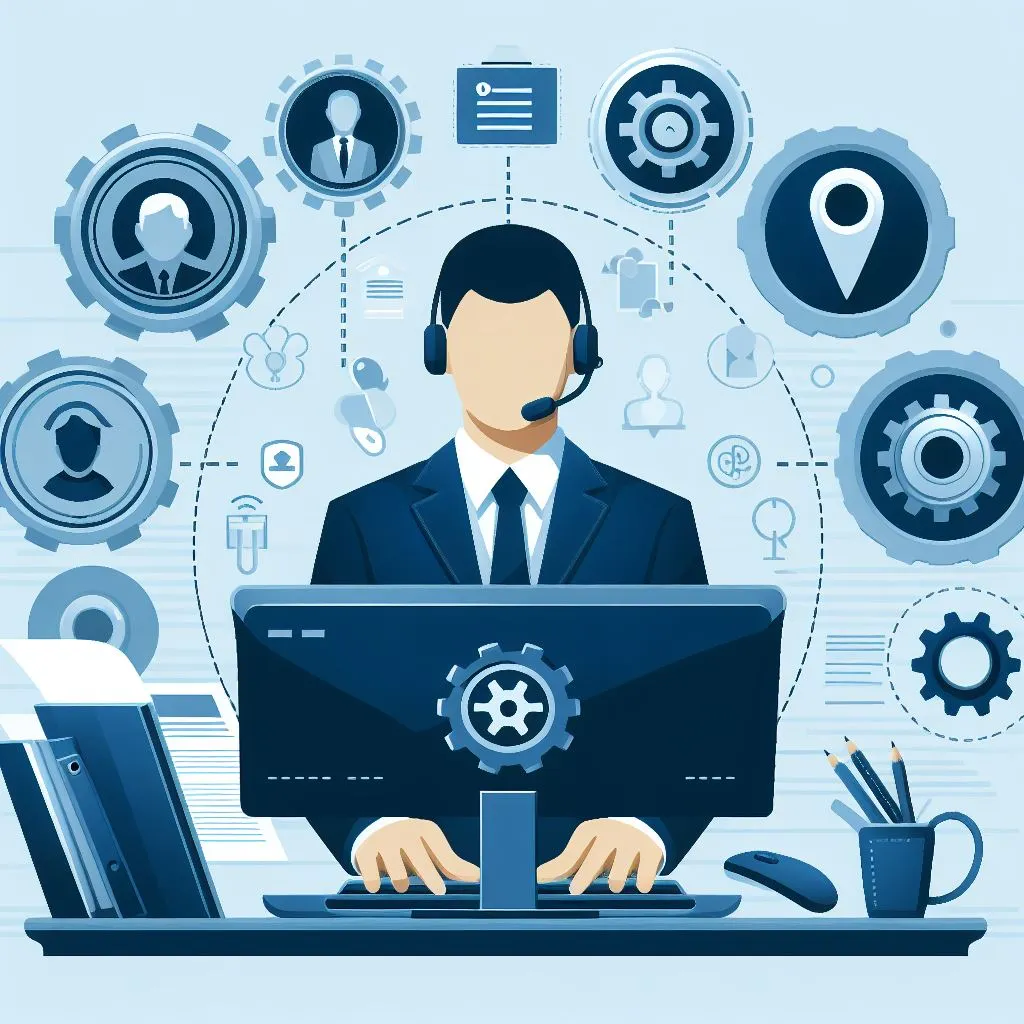 A virtual assistant is working at a computer, surrounded by icons representing various aspects of customer service and technology.