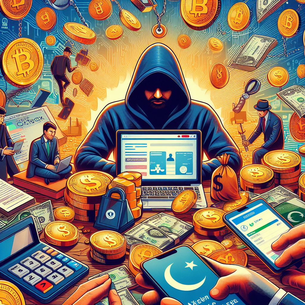 An online scammer using a laptop to steal money from unsuspecting victims, while surrounded by symbols of wealth and finance