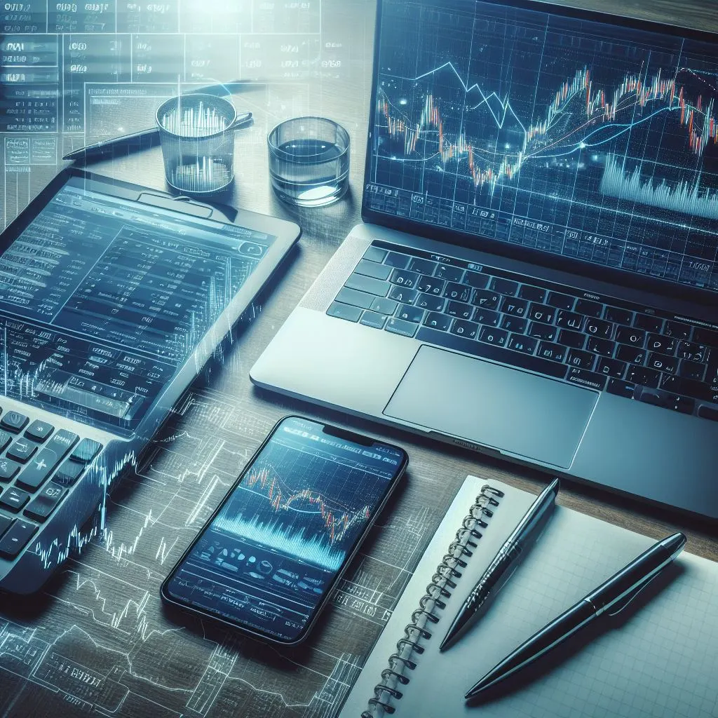 An image of a laptop showing a graph of stock prices, a smartphone showing a forex trading app, and a tablet showing a commodity trading platform, on a desk with a calculator, a notebook, and a pen