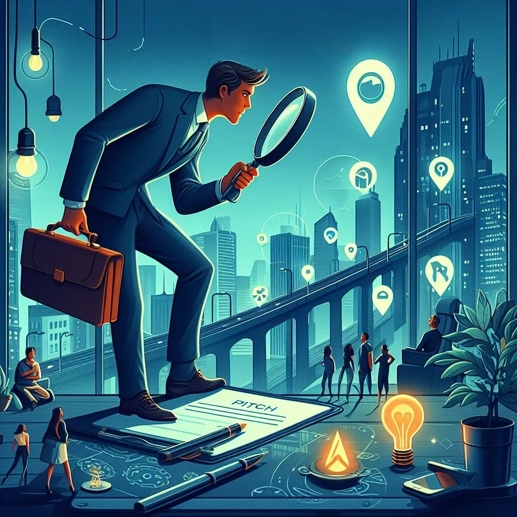 An illustrated image of a person in business attire holding a briefcase and magnifying glass, standing on a path labeled “Niche”, surrounded by an illuminated cityscape with people, light bulbs symbolizing ideas, and location pins