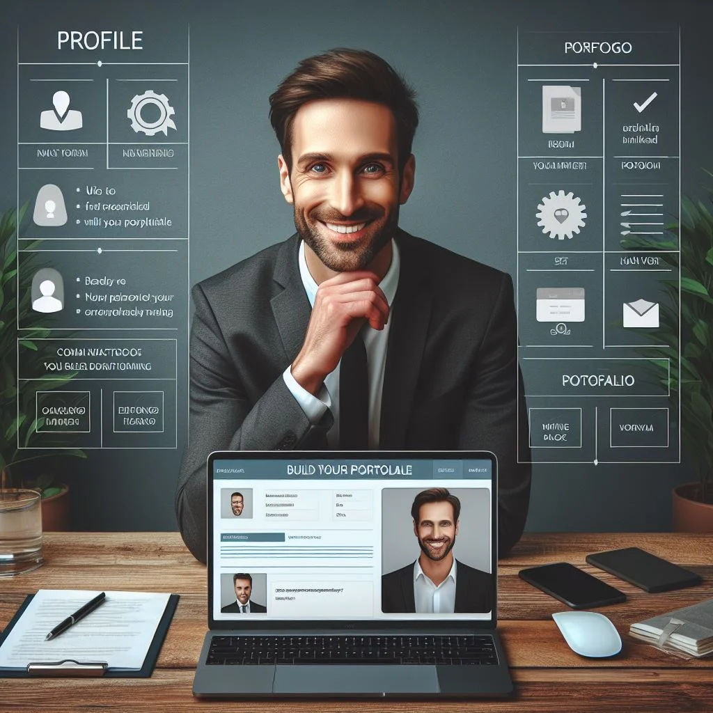 A man in front of a laptop with an interface showing profile and portfolio elements surrounding him.