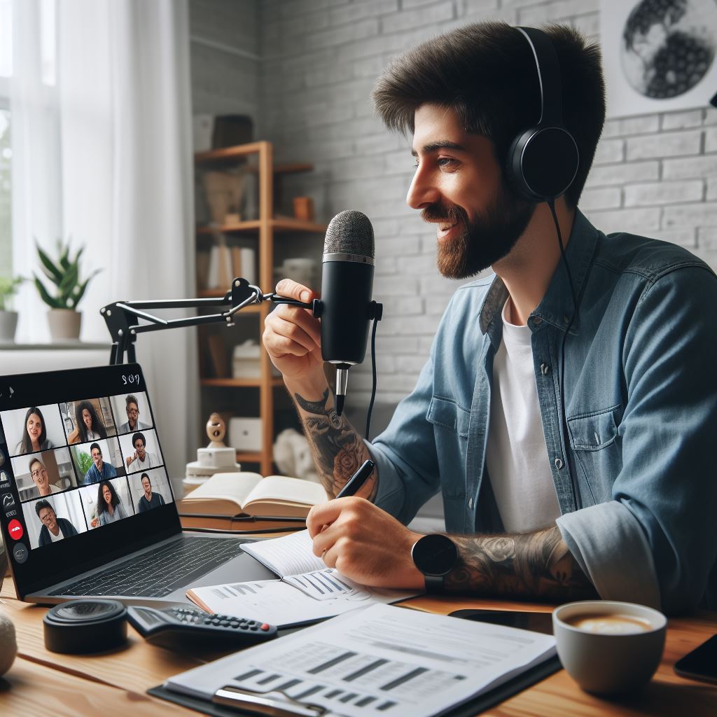 A man working from home as an online teacher, using a laptop and a microphone, while teaching a group of students from different countries, using a webinar platform